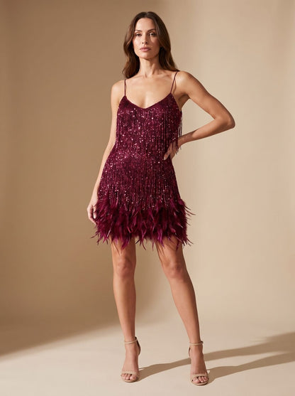 Elegant Sequin Cocktail Mini Dress for Women with Spaghetti-Strap Beaded-Fringe Feather Christmas Holiday Party Style