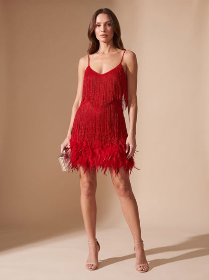 Elegant Sequin Cocktail Mini Dress for Women with Spaghetti-Strap Beaded-Fringe Feather Christmas Holiday Party Style