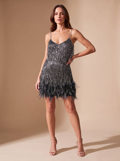 Elegant Sequin Cocktail Mini Dress for Women with Spaghetti-Strap Beaded-Fringe Feather Christmas Holiday Party Style