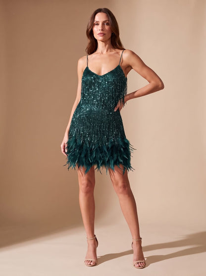 Elegant Sequin Cocktail Mini Dress for Women with Spaghetti-Strap Beaded-Fringe Feather Christmas Holiday Party Style