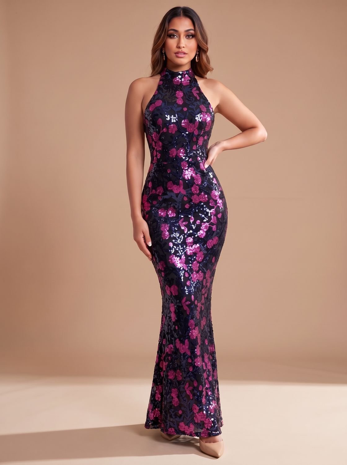 Elegant Floral Sequin Wedding Guest Gown for Women with High Neck Halter Bodycon Floor-Length Formal Style