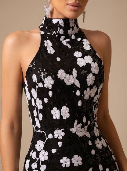 Elegant Floral Sequin Wedding Guest Gown for Women with High Neck Halter Bodycon Floor-Length Formal Style
