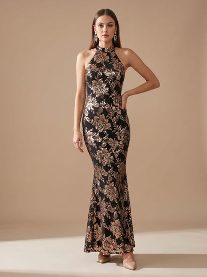 Elegant Floral Sequin Wedding Guest Gown for Women with High Neck Halter Bodycon Floor-Length Formal Style