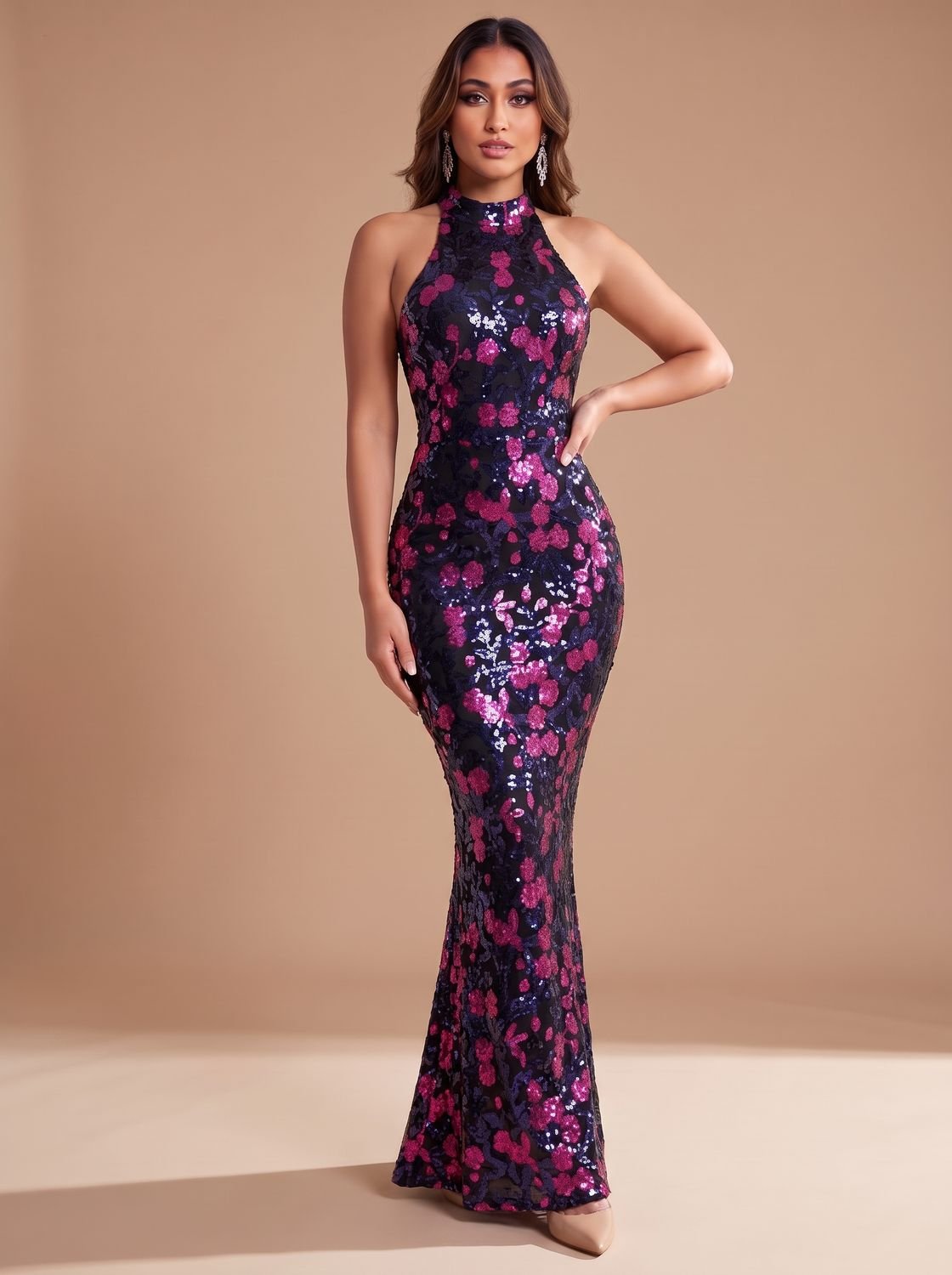 Elegant Floral Sequin Wedding Guest Gown for Women with High Neck Halter Bodycon Floor-Length Formal Style