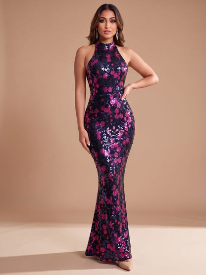Elegant Floral Sequin Wedding Guest Gown for Women with High Neck Halter Bodycon Floor-Length Formal Style
