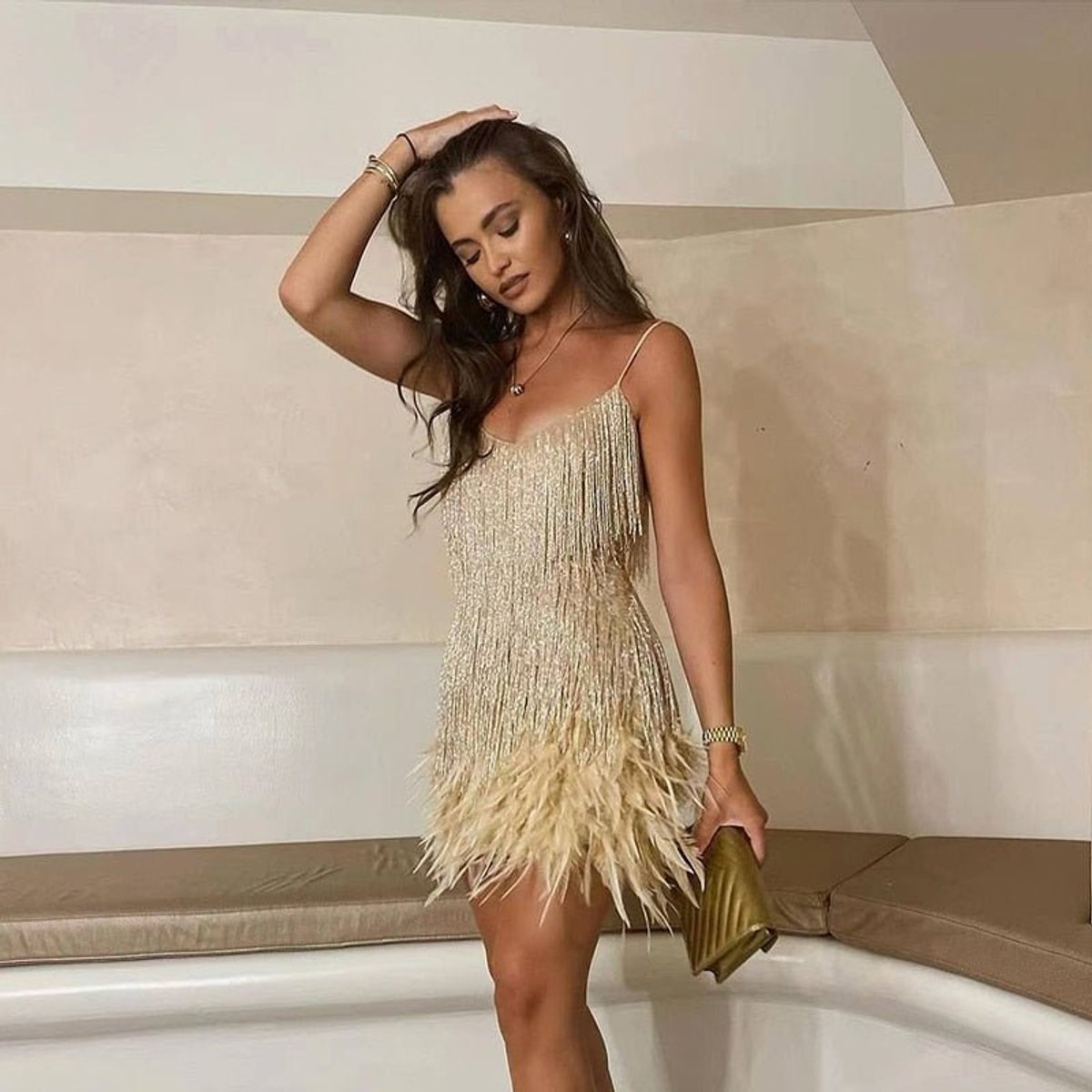 Elegant Gold Dress for Women with V Neck Spaghetti Strap Feather Hem Sparkle Formal Party Style