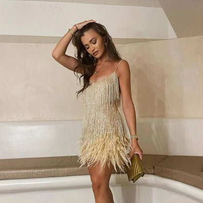 Elegant Gold Dress for Women with V Neck Spaghetti Strap Feather Hem Sparkle Formal Party Style