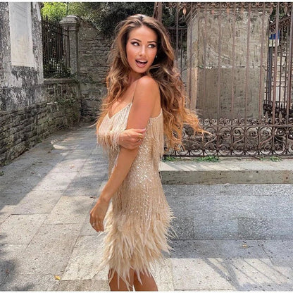 Elegant Gold Dress for Women with V Neck Spaghetti Strap Feather Hem Sparkle Formal Party Style