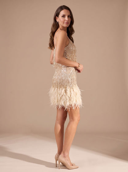 Elegant Sequin Cocktail Mini Dress for Women with Spaghetti-Strap Tiered Fringe Feather Christmas Holiday Party Style