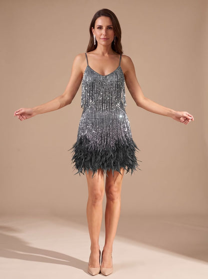 Elegant Sequin Cocktail Mini Dress for Women with Spaghetti-Strap Tiered Fringe Feather Christmas Holiday Party Style