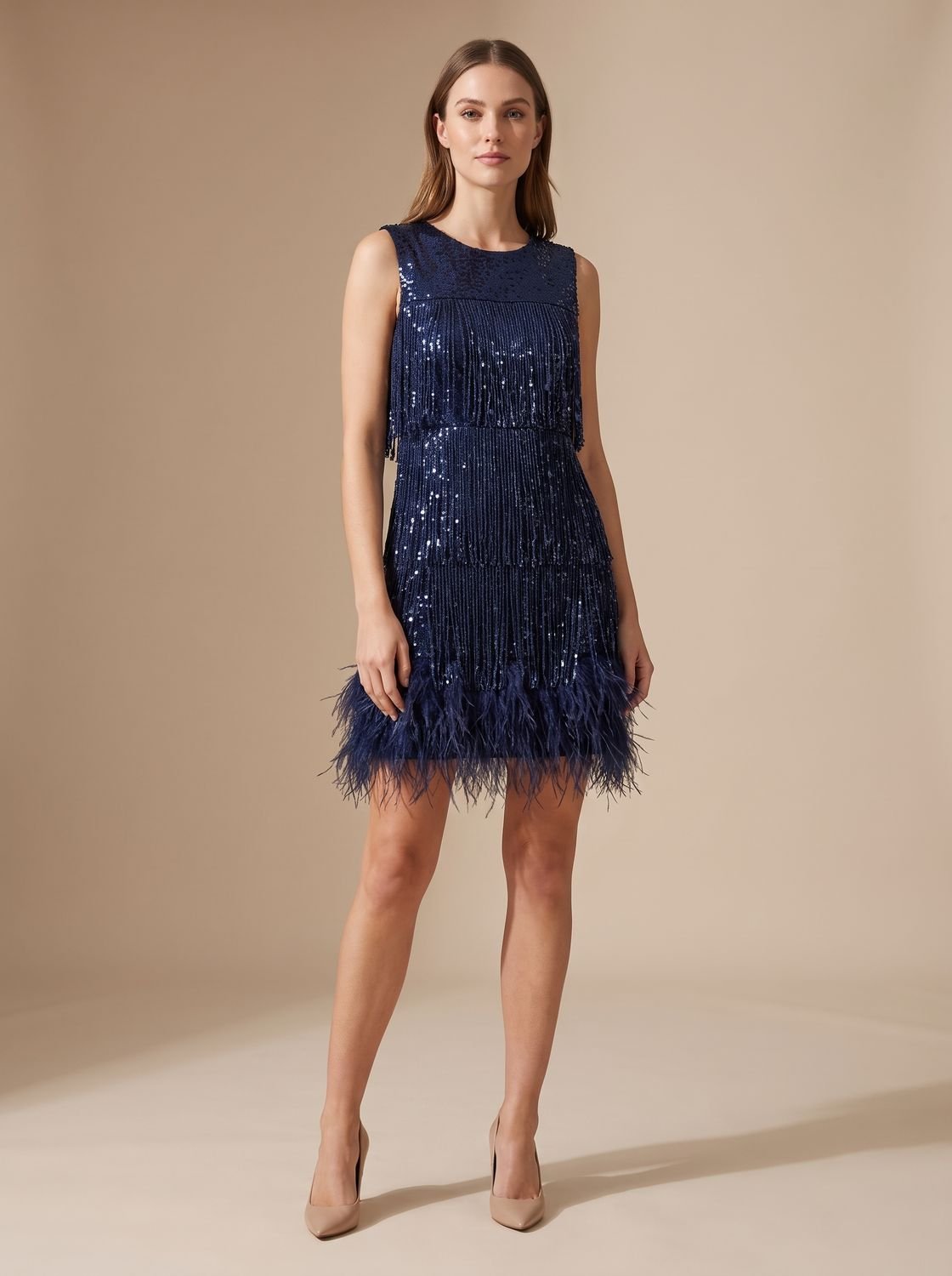 Elegant Sequin Cocktail Mini Dress for Women with Spaghetti-Strap Tiered Fringe Feather Christmas Holiday Party Style