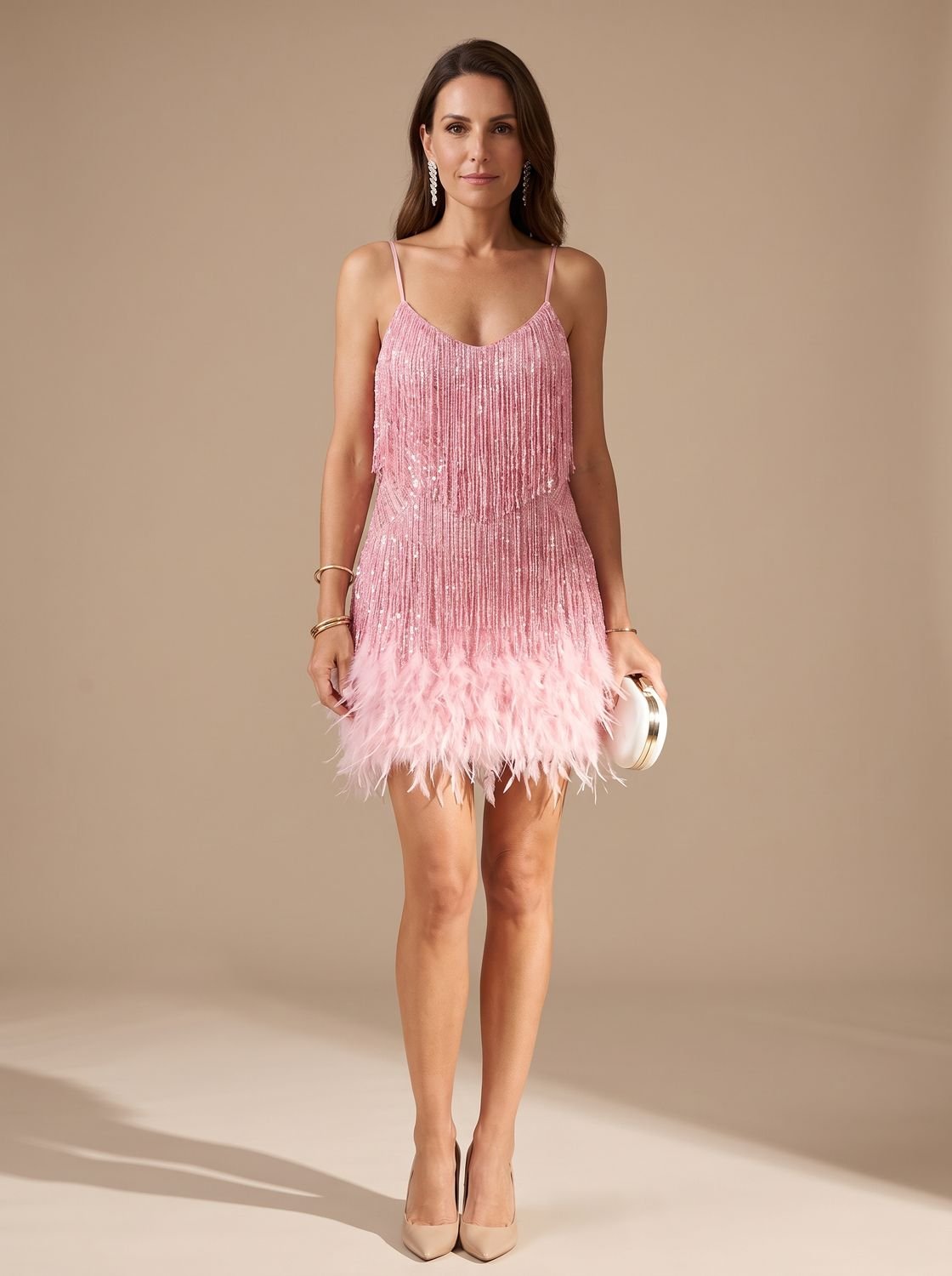 Elegant Sequin Cocktail Mini Dress for Women with Spaghetti-Strap Tiered Fringe Feather Christmas Holiday Party Style