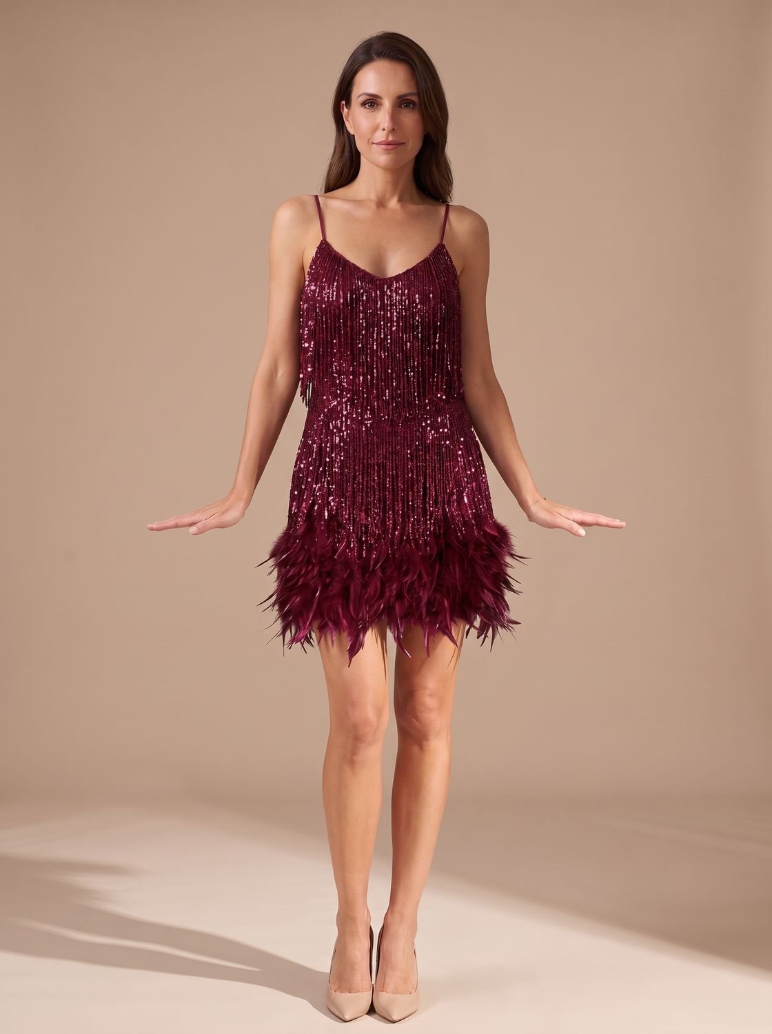 Elegant Sequin Cocktail Mini Dress for Women with Spaghetti-Strap Tiered Fringe Feather Christmas Holiday Party Style