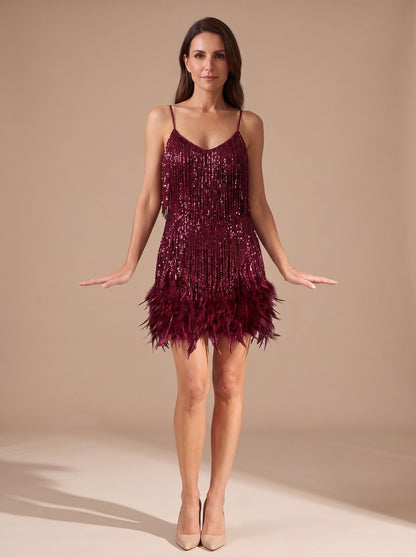 Elegant Sequin Cocktail Mini Dress for Women with Spaghetti-Strap Tiered Fringe Feather Christmas Holiday Party Style