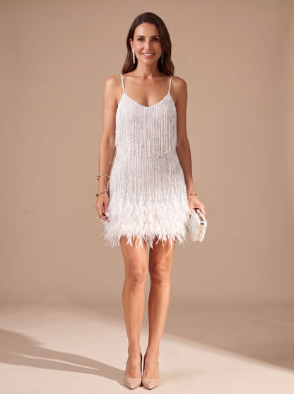 Elegant Sequin Cocktail Mini Dress for Women with Spaghetti-Strap Tiered Fringe Feather Christmas Holiday Party Style