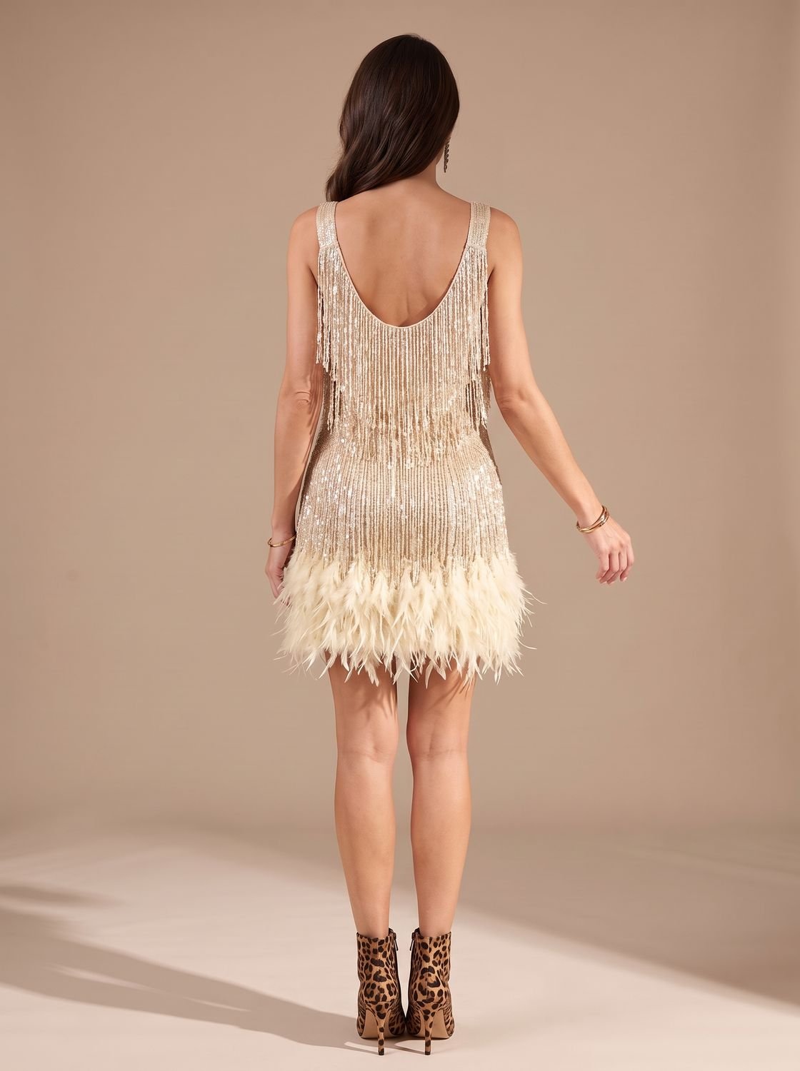 Elegant Sequin Cocktail Mini Dress for Women with Spaghetti-Strap Tiered Fringe Feather Christmas Holiday Party Style