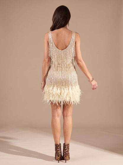 Elegant Sequin Cocktail Mini Dress for Women with Spaghetti-Strap Tiered Fringe Feather Christmas Holiday Party Style