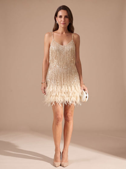 Elegant Sequin Cocktail Mini Dress for Women with Spaghetti-Strap Tiered Fringe Feather Christmas Holiday Party Style