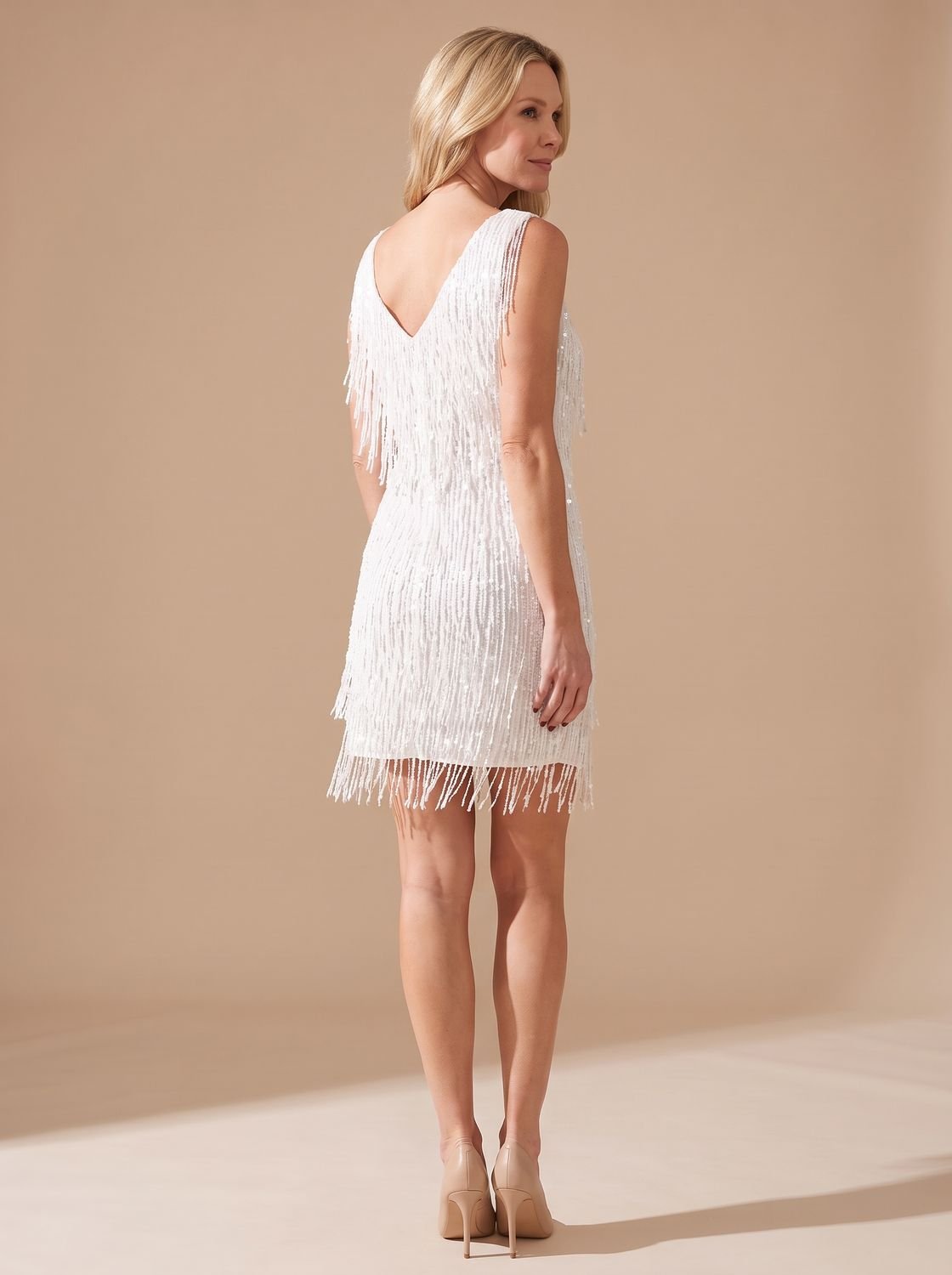 Elegant Sequin Cocktail Mini Dress for Women with V-Neck Sleeveless Fringe Fitted Christmas Party Style
