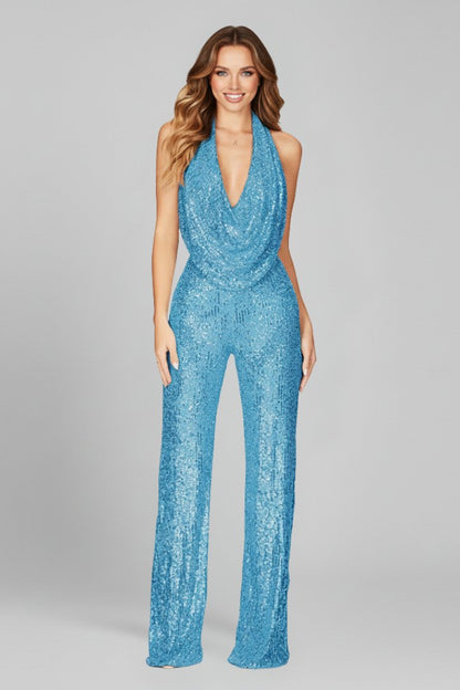 Elegant Sequin Jumpsuit for Women with Deep Cowl Halter Neckline Wide Leg Formal Style