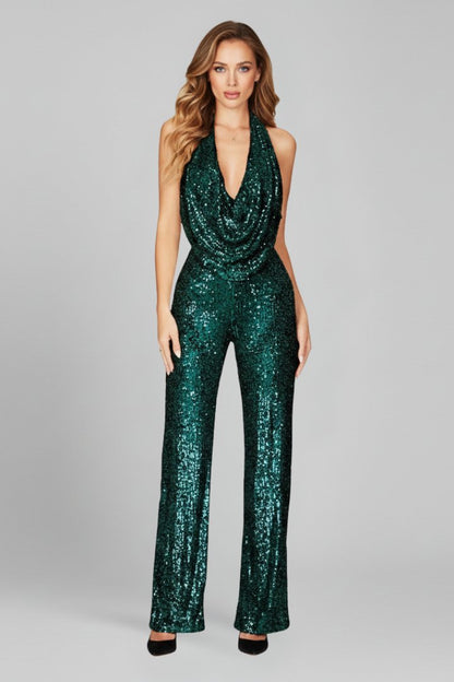 Elegant Sequin Jumpsuit for Women with Deep Cowl Halter Neckline Wide Leg Formal Style