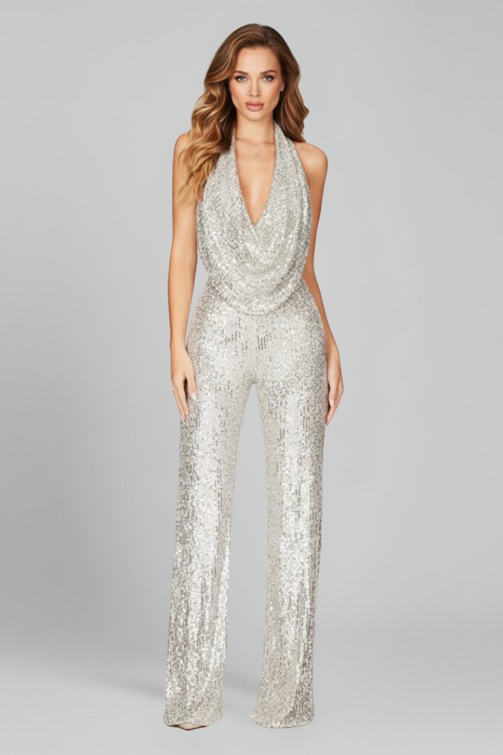 Elegant Sequin Jumpsuit for Women with Deep Cowl Halter Neckline Wide Leg Formal Style