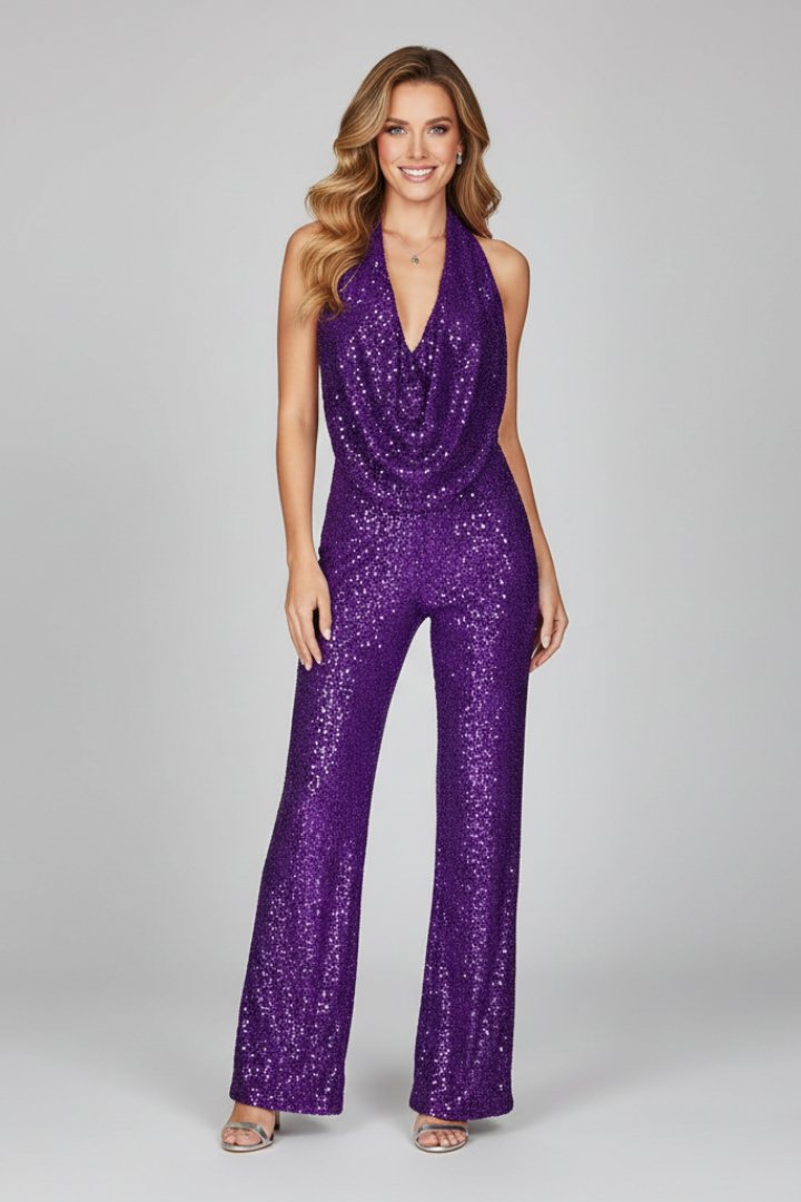 Elegant Sequin Jumpsuit for Women with Deep Cowl Halter Neckline Wide Leg Formal Style
