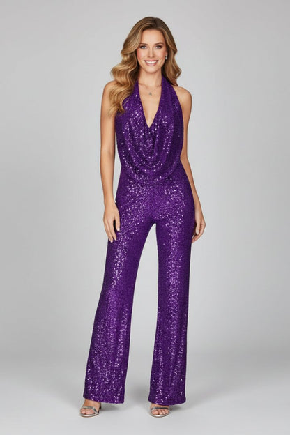 Elegant Sequin Jumpsuit for Women with Deep Cowl Halter Neckline Wide Leg Formal Style
