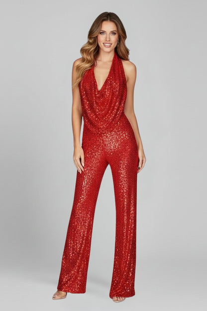 Elegant Sequin Jumpsuit for Women with Deep Cowl Halter Neckline Wide Leg Formal Style