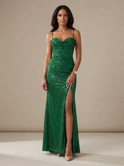 Elegant Formal Wedding Guest Gown for Women with Sequin Sweetheart High-Slit Floor-Length Black-Tie Style