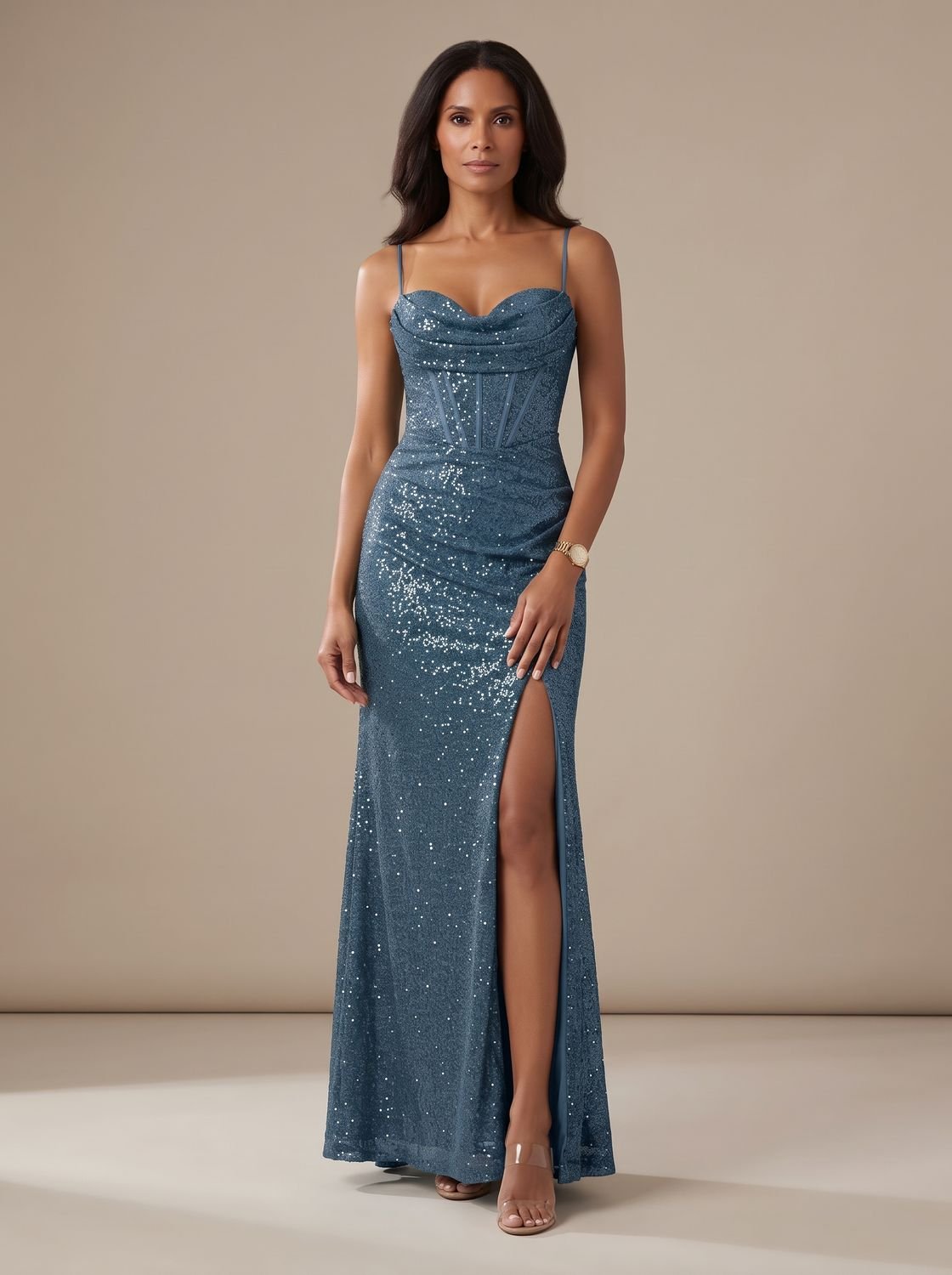 Elegant Formal Wedding Guest Gown for Women with Sequin Sweetheart High-Slit Floor-Length Black-Tie Style
