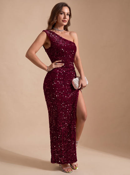 Elegant Sequin Wedding Guest Gown for Women with One-Shoulder High-Slit Bodycon Floor-Length Formal Style
