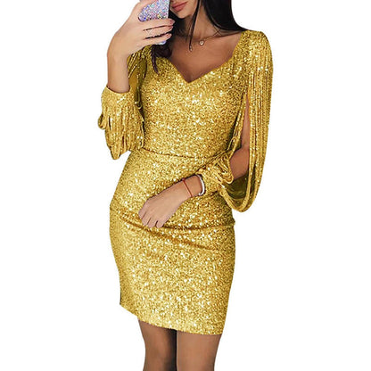 Elegant Gold Dress for Women with V Neck Fringe Sleeve Bodycon Cocktail Style