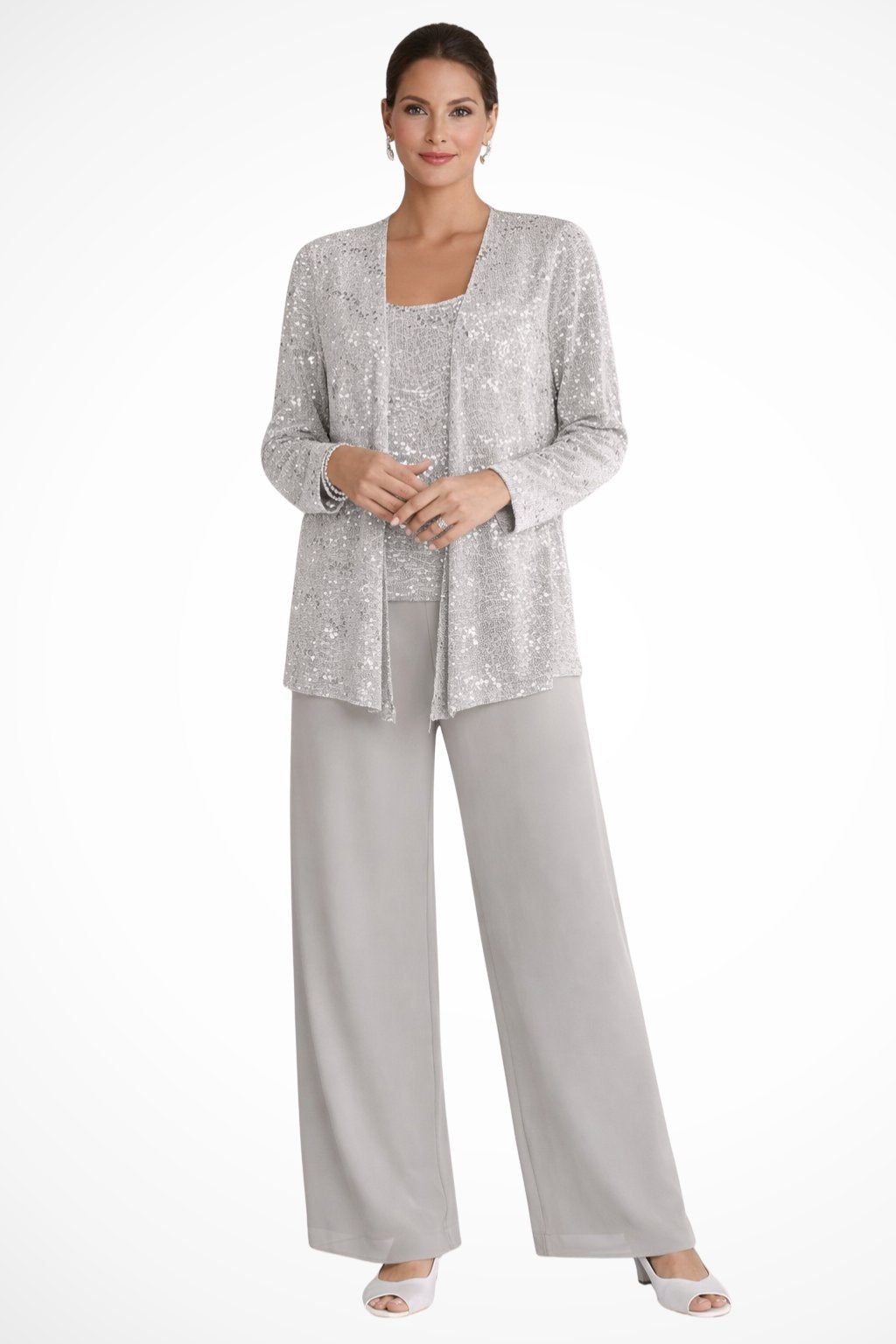 Elegant Wide Leg Pant Suit for Women with Sequin Jacket Long Sleeve Three Piece Formal Style