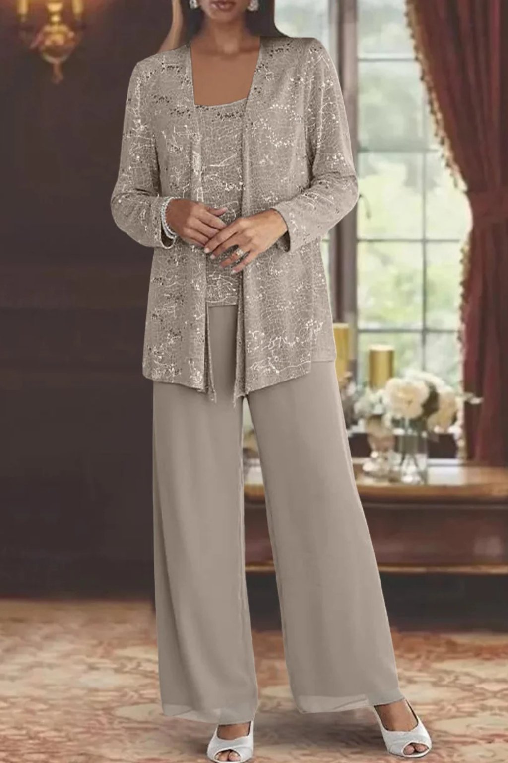 Elegant Wide Leg Pant Suit for Women with Sequin Jacket Long Sleeve Three Piece Formal Style