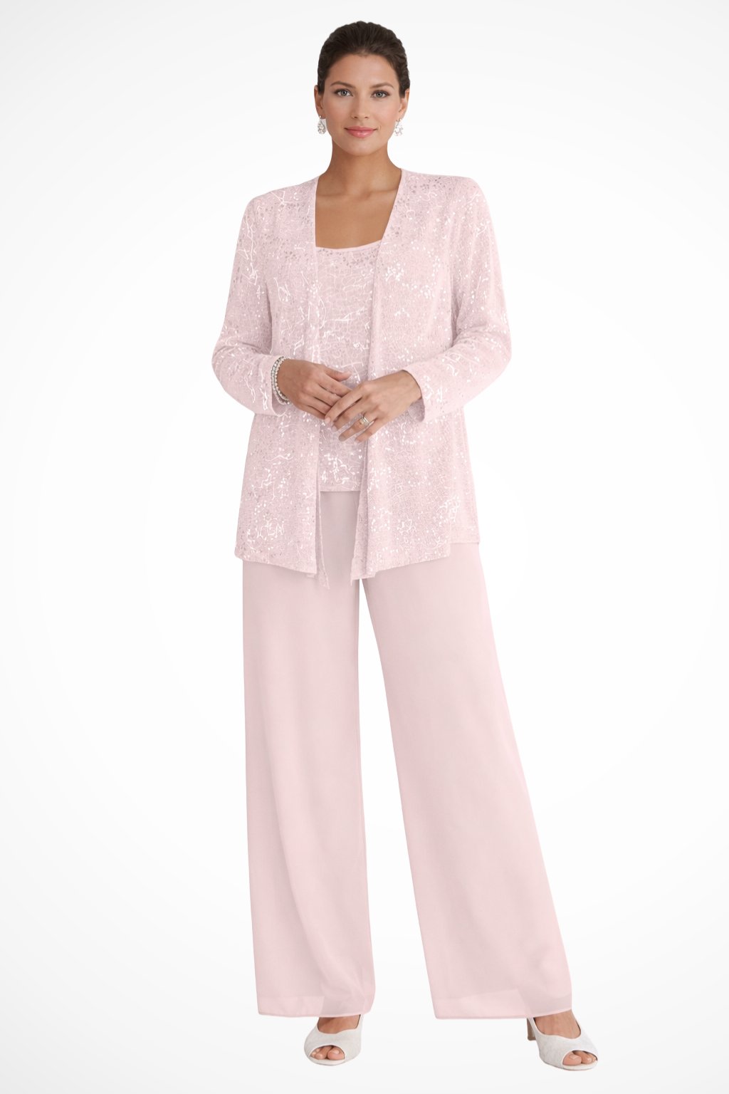 Elegant Wide Leg Pant Suit for Women with Sequin Jacket Long Sleeve Three Piece Formal Style