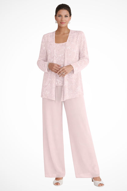 Elegant Wide Leg Pant Suit for Women with Sequin Jacket Long Sleeve Three Piece Formal Style