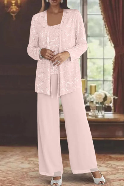 Elegant Wide Leg Pant Suit for Women with Sequin Jacket Long Sleeve Three Piece Formal Style