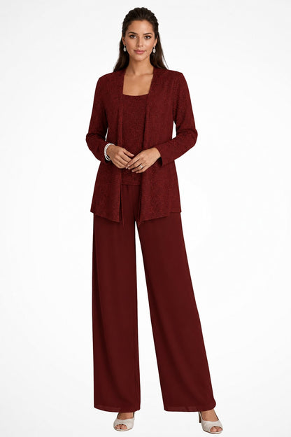 Elegant Wide Leg Pant Suit for Women with Sequin Jacket Long Sleeve Three Piece Formal Style