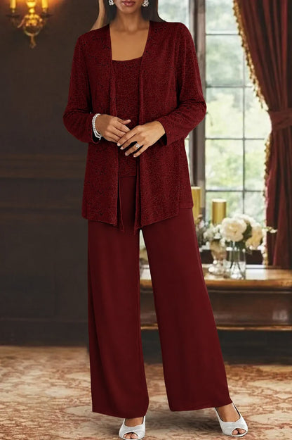 Elegant Wide Leg Pant Suit for Women with Sequin Jacket Long Sleeve Three Piece Formal Style