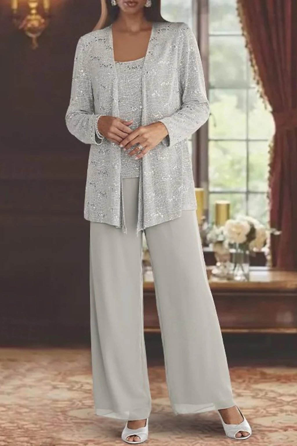 Elegant Wide Leg Pant Suit for Women with Sequin Jacket Long Sleeve Three Piece Formal Style