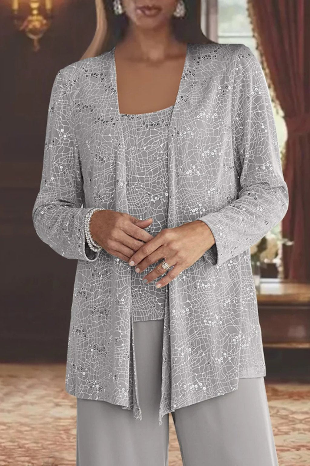 Elegant Wide Leg Pant Suit for Women with Sequin Jacket Long Sleeve Three Piece Formal Style