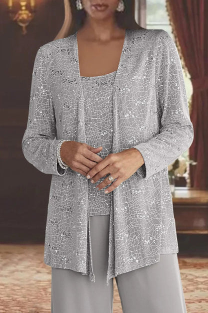Elegant Wide Leg Pant Suit for Women with Sequin Jacket Long Sleeve Three Piece Formal Style