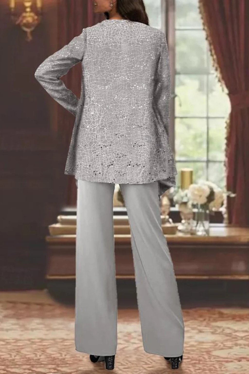 Elegant Wide Leg Pant Suit for Women with Sequin Jacket Long Sleeve Three Piece Formal Style