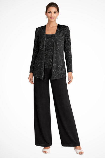 Elegant Wide Leg Pant Suit for Women with Sequin Jacket Long Sleeve Three Piece Formal Style