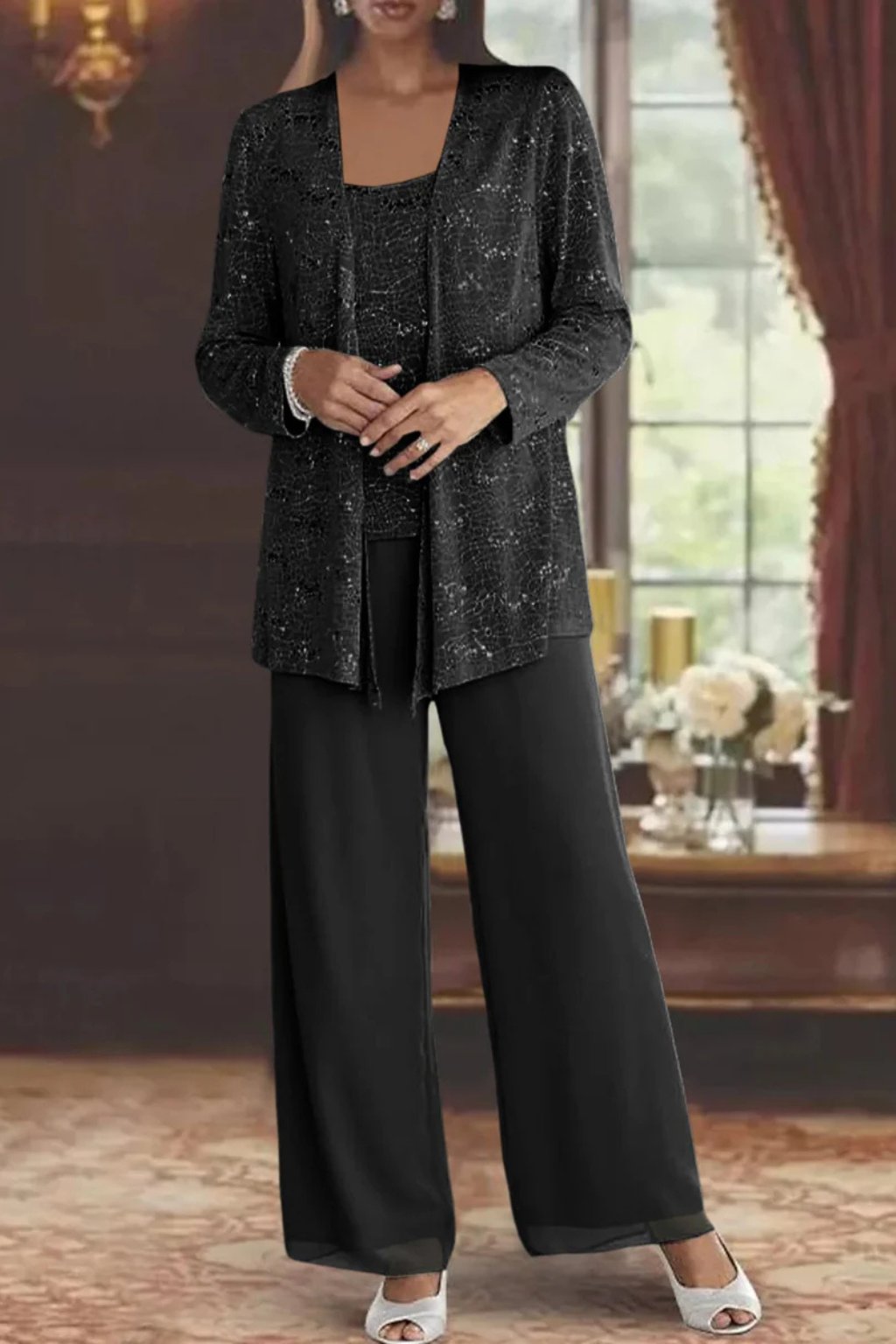 Elegant Wide Leg Pant Suit for Women with Sequin Jacket Long Sleeve Three Piece Formal Style