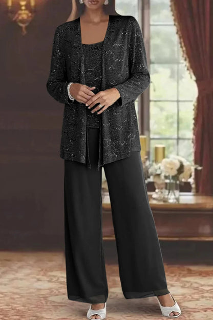 Elegant Wide Leg Pant Suit for Women with Sequin Jacket Long Sleeve Three Piece Formal Style