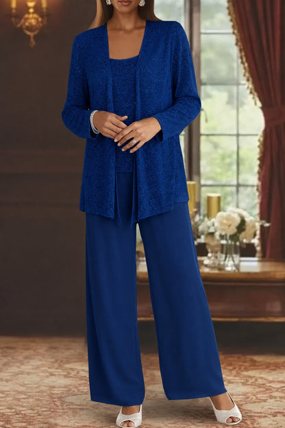 Elegant Wide Leg Pant Suit for Women with Sequin Jacket Long Sleeve Three Piece Formal Style