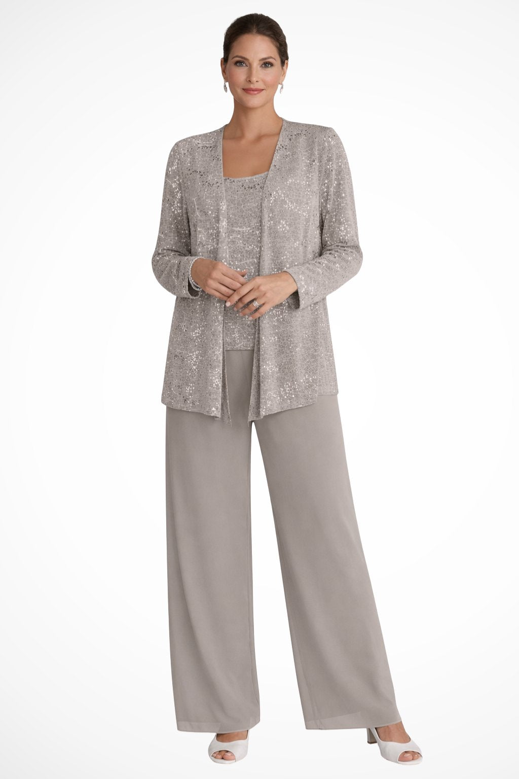 Elegant Wide Leg Pant Suit for Women with Sequin Jacket Long Sleeve Three Piece Formal Style