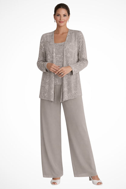 Elegant Wide Leg Pant Suit for Women with Sequin Jacket Long Sleeve Three Piece Formal Style